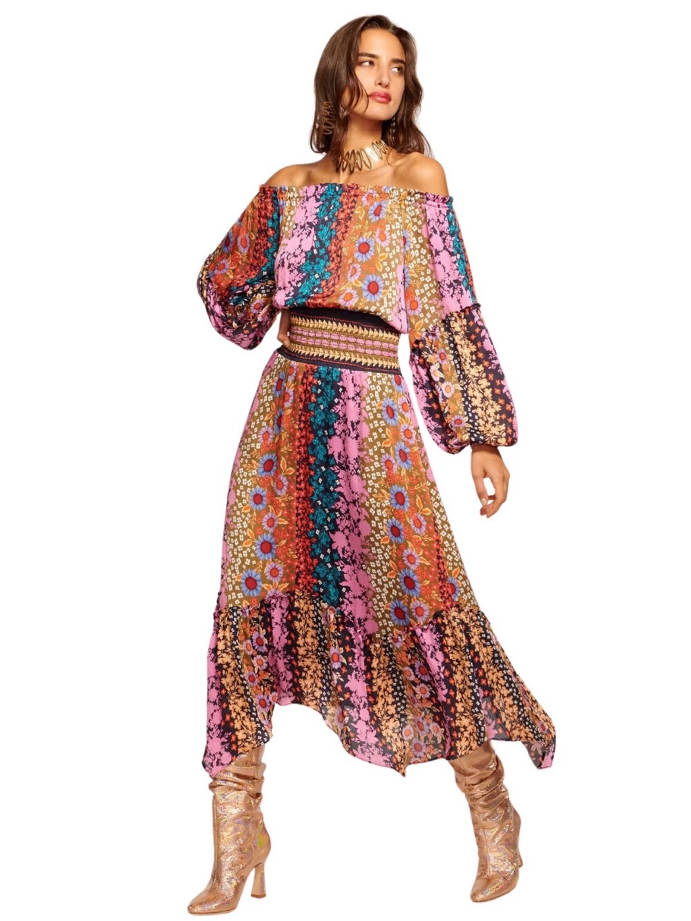 Ramy Brook Danna Off The Shoulder Patchwork Floral Midi Dress Boho Size X-Small